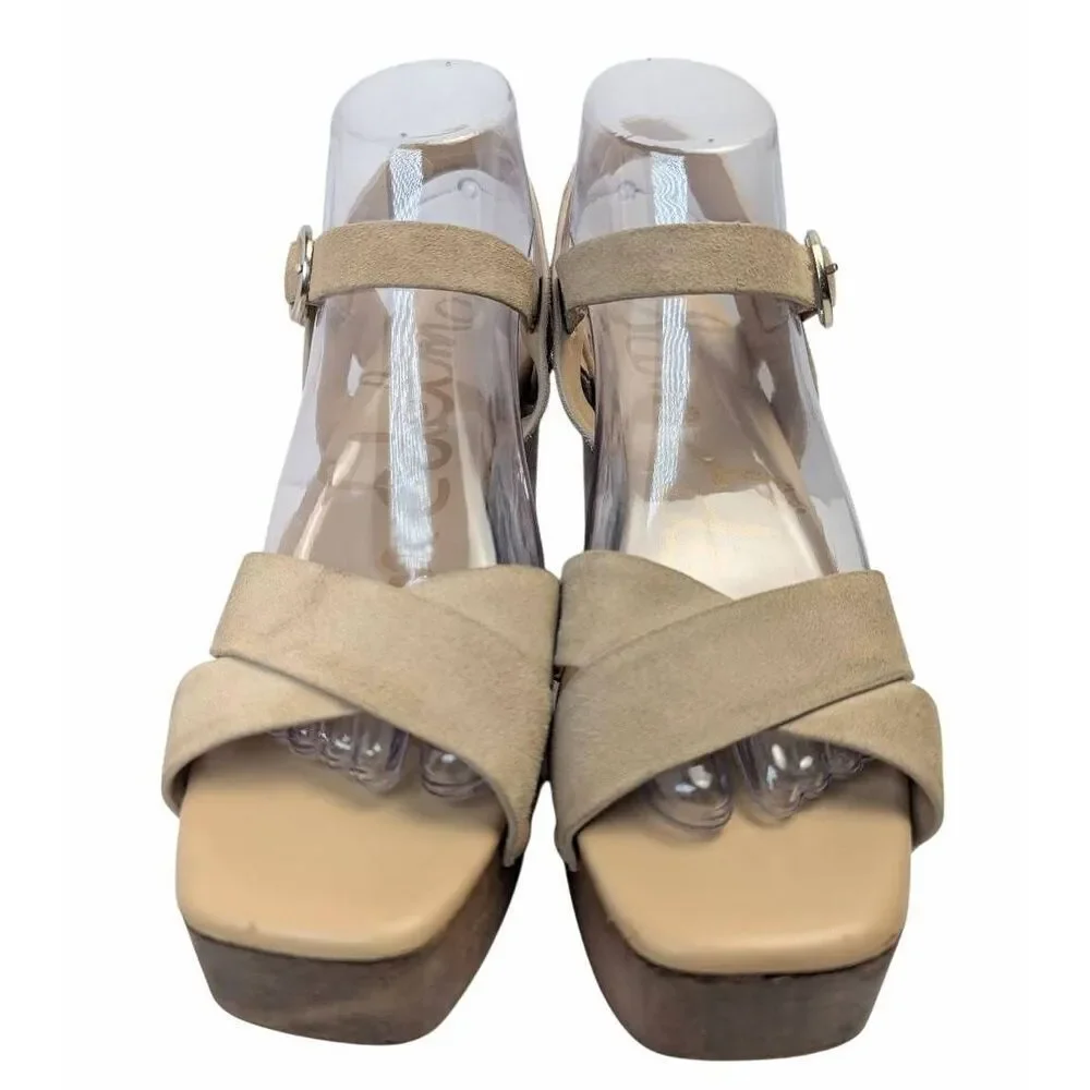 Sam Edelman Josefine beige nude suede strappy wood platform sandals womens 8